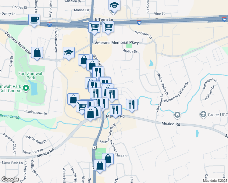 map of restaurants, bars, coffee shops, grocery stores, and more near 1112 Bramblett Road in O'Fallon