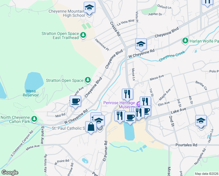 map of restaurants, bars, coffee shops, grocery stores, and more near 3 Stratton Avenue in Colorado Springs