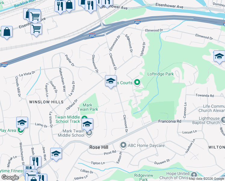 map of restaurants, bars, coffee shops, grocery stores, and more near 5720 Clermont Drive in Alexandria