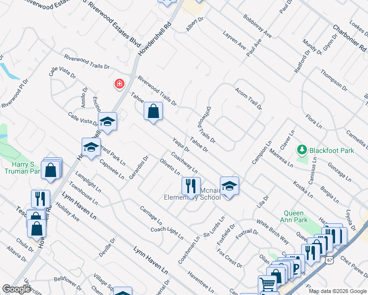map of restaurants, bars, coffee shops, grocery stores, and more near 1701 Yaqui Drive in Florissant