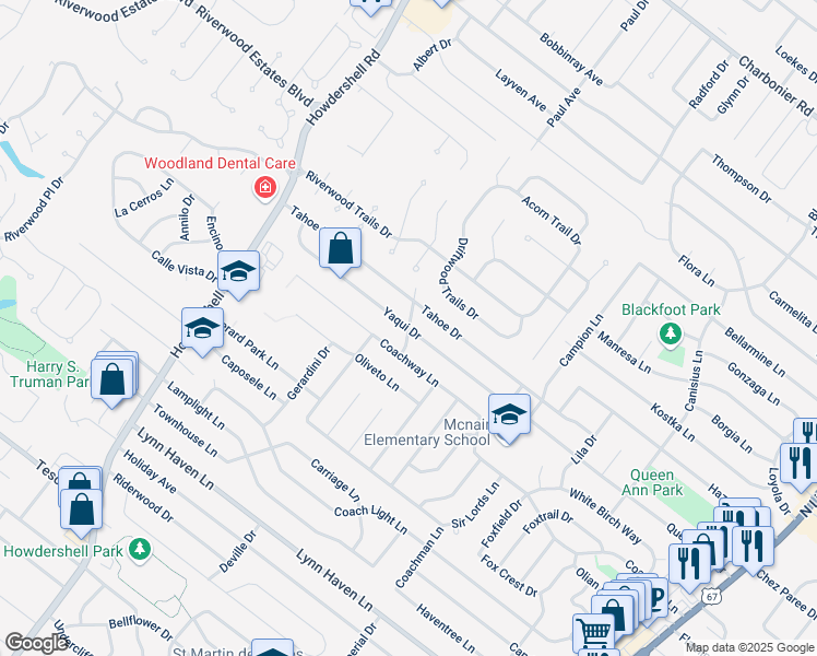 map of restaurants, bars, coffee shops, grocery stores, and more near 1701 Yaqui Drive in Florissant