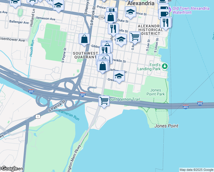map of restaurants, bars, coffee shops, grocery stores, and more near 922 South Washington Street in Alexandria
