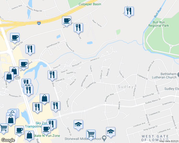 map of restaurants, bars, coffee shops, grocery stores, and more near 10251 Pelham Court in Manassas