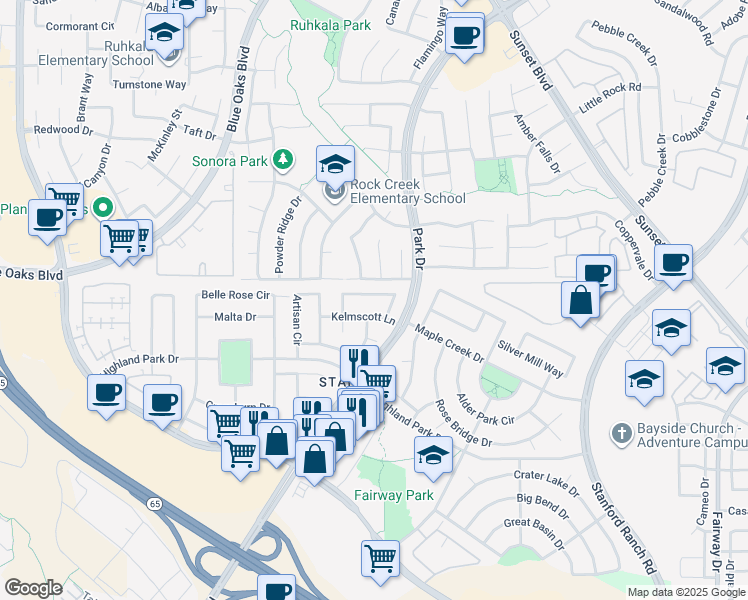 map of restaurants, bars, coffee shops, grocery stores, and more near 7147 Claremont Circle in Roseville