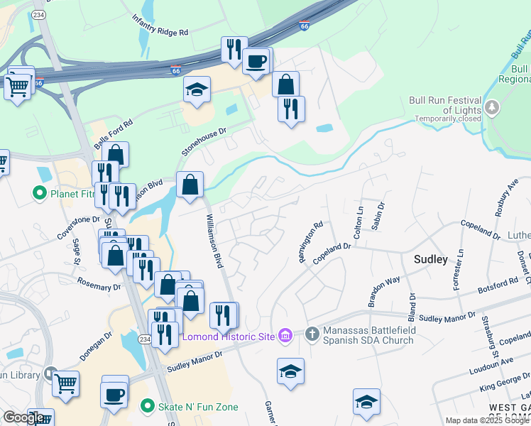 map of restaurants, bars, coffee shops, grocery stores, and more near 10412 Rapidan Lane in Manassas