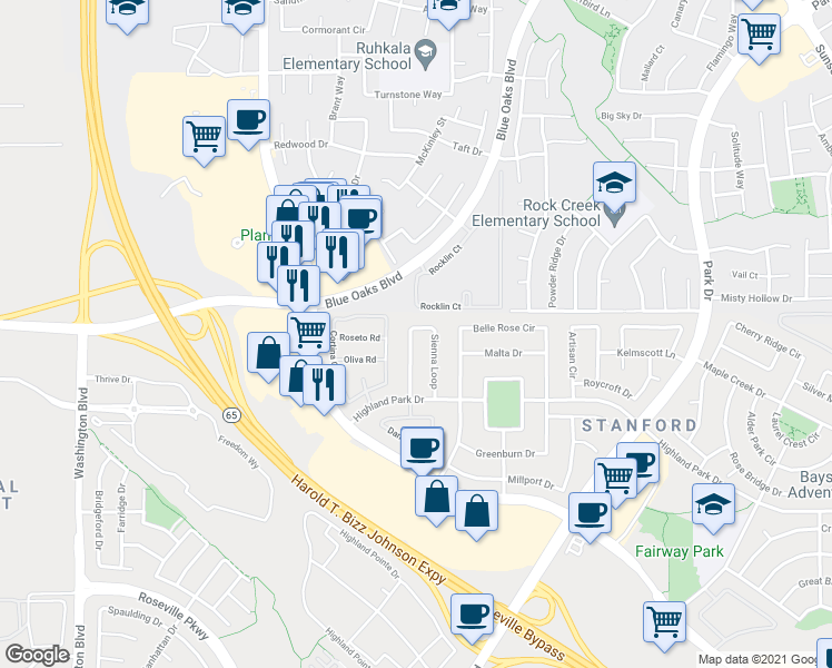 map of restaurants, bars, coffee shops, grocery stores, and more near 8193 Sienna Loop in Roseville