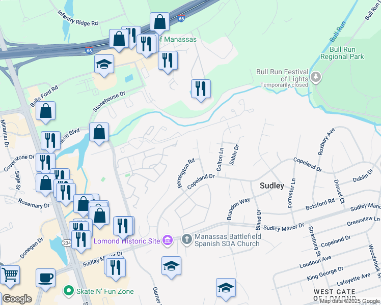map of restaurants, bars, coffee shops, grocery stores, and more near 10253 Pelham Court in Manassas