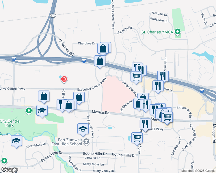 map of restaurants, bars, coffee shops, grocery stores, and more near 201 Bjc-Saint Peters Drive in St. Peters