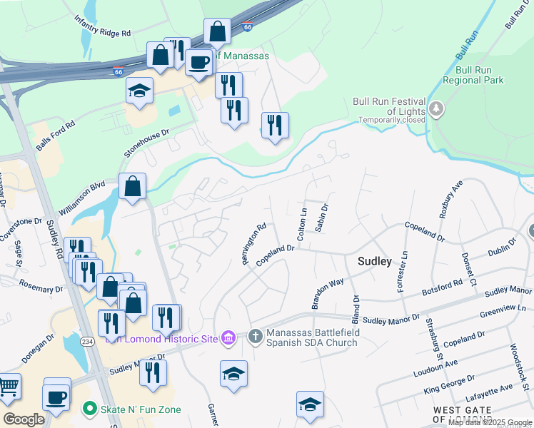 map of restaurants, bars, coffee shops, grocery stores, and more near 10251 Pelham Court in Manassas