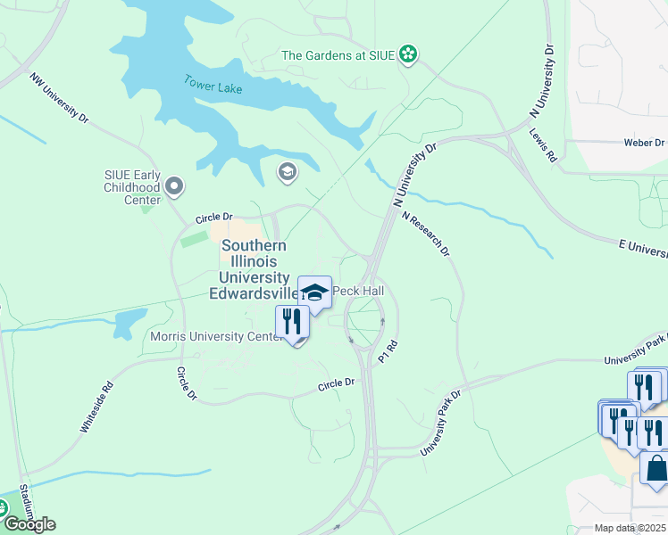 map of restaurants, bars, coffee shops, grocery stores, and more near 119 Peck Service Road in Edwardsville