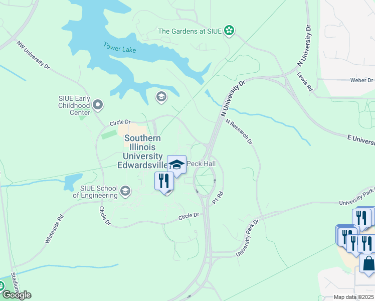 map of restaurants, bars, coffee shops, grocery stores, and more near 119 Peck Service Road in Edwardsville