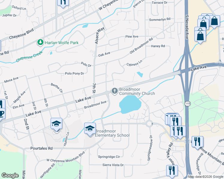 map of restaurants, bars, coffee shops, grocery stores, and more near 2702 Old Broadmoor Road in Colorado Springs
