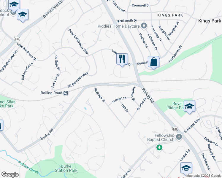 map of restaurants, bars, coffee shops, grocery stores, and more near 8901 Burke Road in Burke