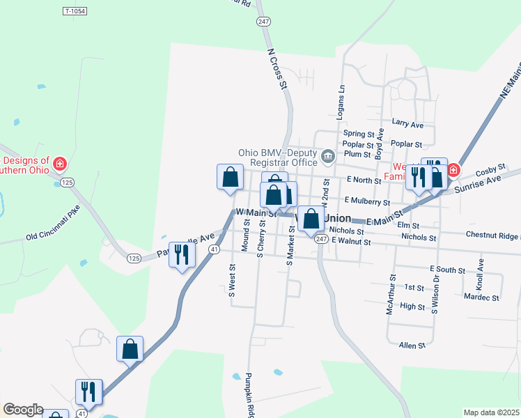 map of restaurants, bars, coffee shops, grocery stores, and more near 209 West Main Street in West Union