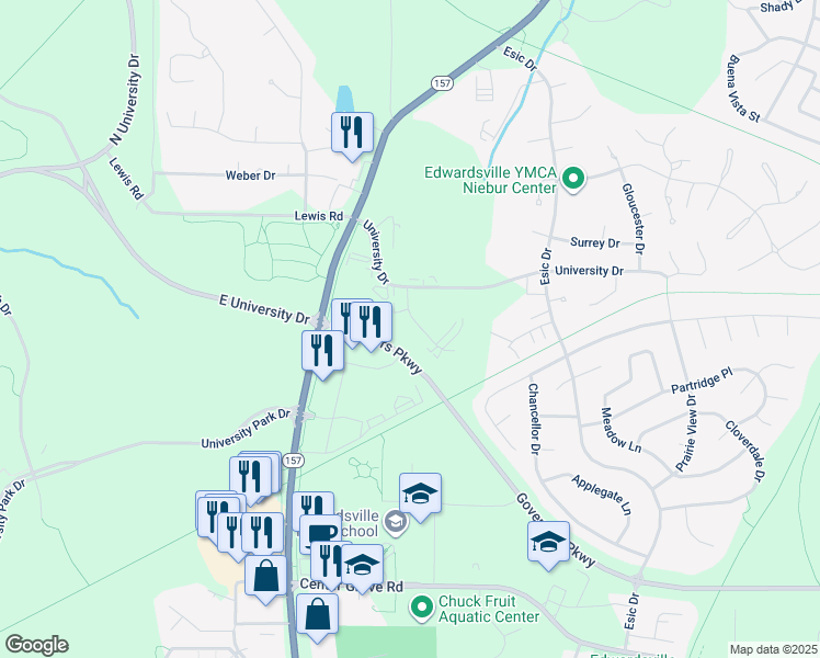 map of restaurants, bars, coffee shops, grocery stores, and more near 49 Devon Court in Edwardsville