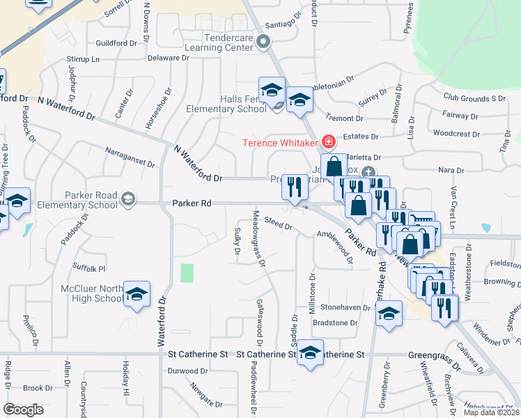 map of restaurants, bars, coffee shops, grocery stores, and more near 1170 Meadowgrass Drive in Florissant