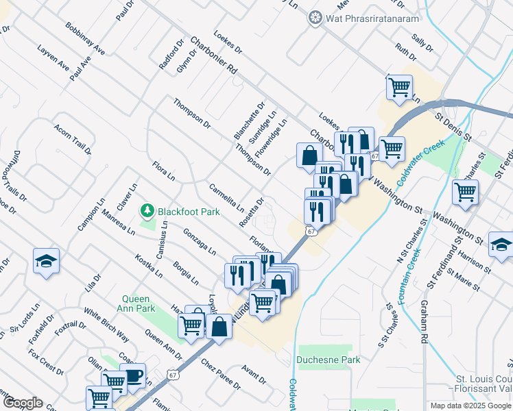 map of restaurants, bars, coffee shops, grocery stores, and more near 680 Mescalero Court in Florissant