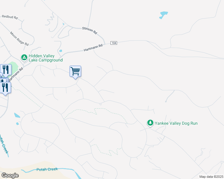 map of restaurants, bars, coffee shops, grocery stores, and more near 18350 Grizzly Court in Hidden Valley Lake