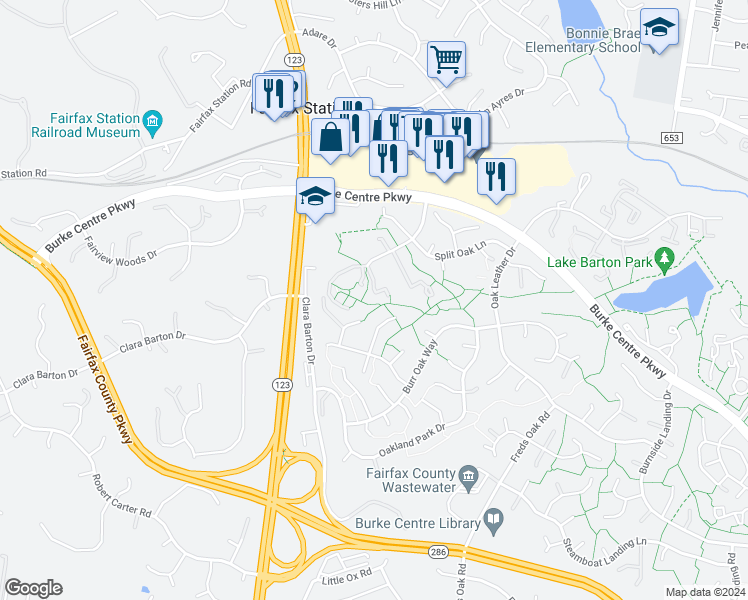 map of restaurants, bars, coffee shops, grocery stores, and more near 5820 Oak Ladder Court in Burke