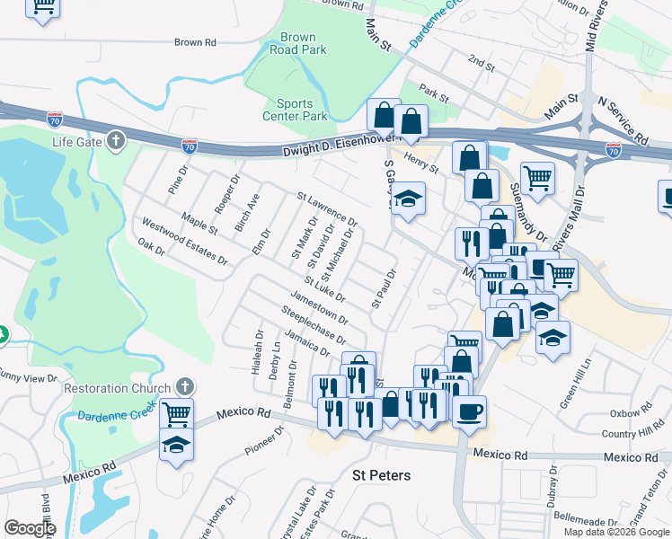 map of restaurants, bars, coffee shops, grocery stores, and more near 12 Saint Violet Drive in St. Peters