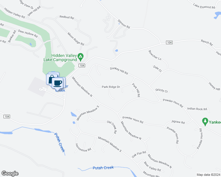 map of restaurants, bars, coffee shops, grocery stores, and more near 18302 Pinnacle Court in Hidden Valley Lake