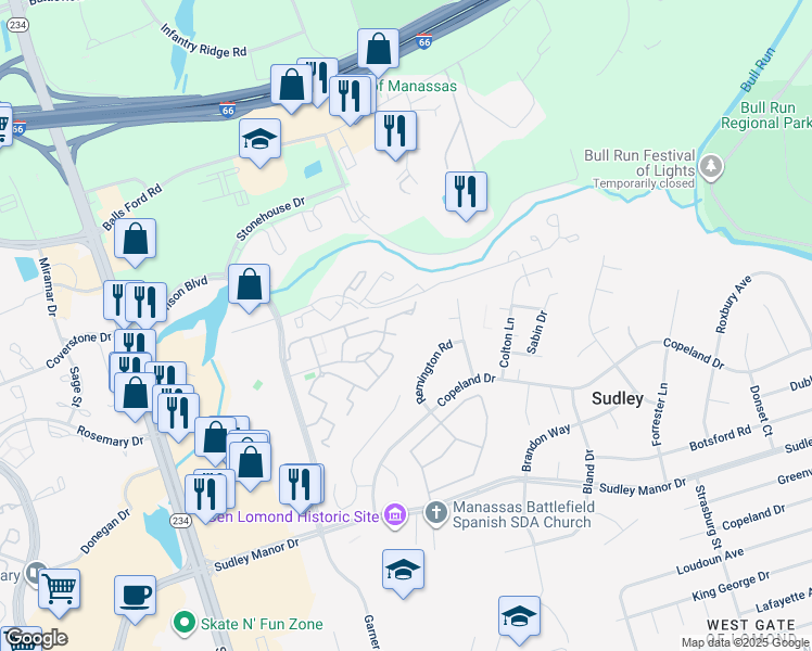 map of restaurants, bars, coffee shops, grocery stores, and more near 7371 Emerald Drive in Manassas