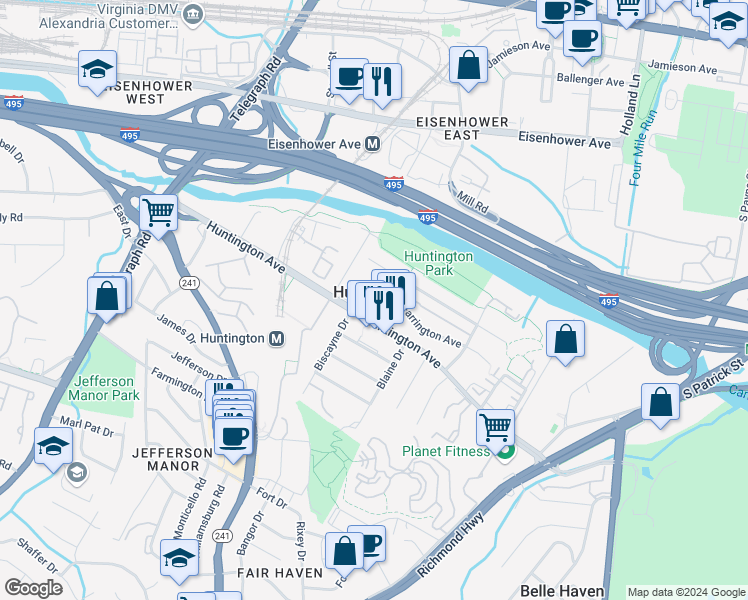 map of restaurants, bars, coffee shops, grocery stores, and more near 2301 Farrington Avenue in Alexandria