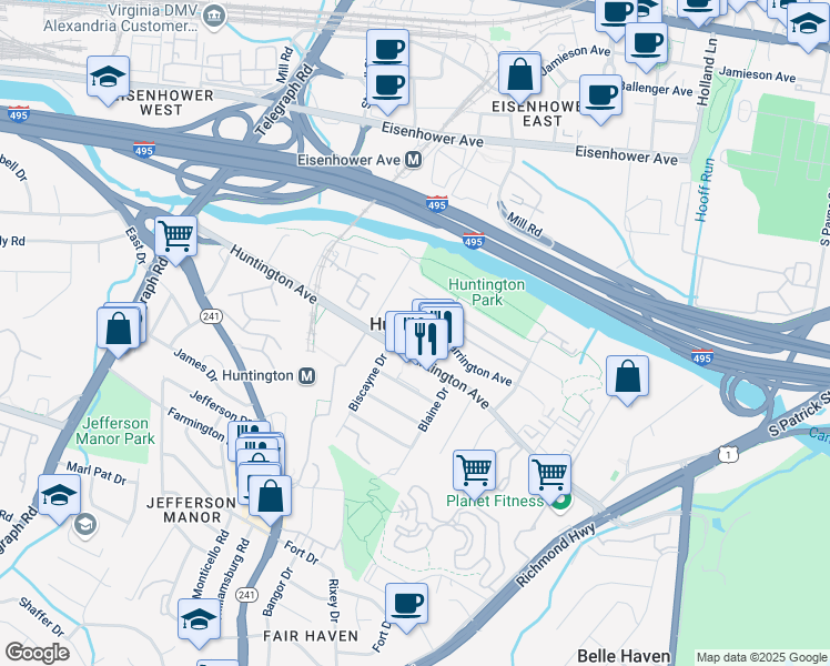map of restaurants, bars, coffee shops, grocery stores, and more near 2301 Farrington Avenue in Alexandria