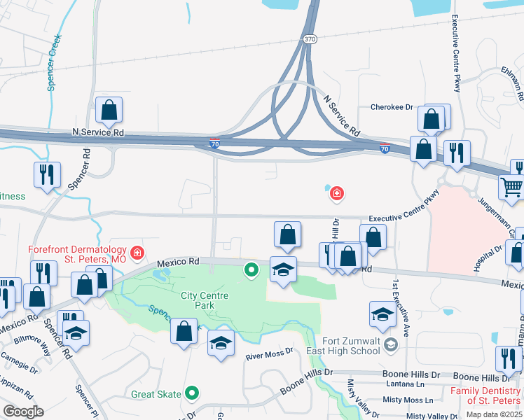 map of restaurants, bars, coffee shops, grocery stores, and more near 5300 Executive Centre Parkway in St. Peters