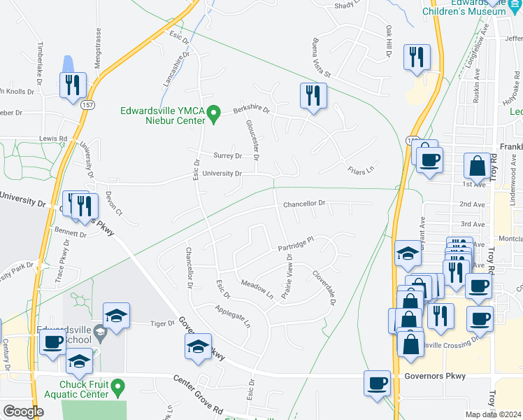 map of restaurants, bars, coffee shops, grocery stores, and more near 812 Chancellor Drive in Edwardsville