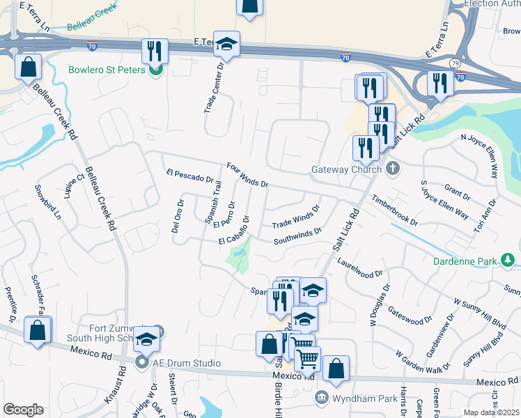 map of restaurants, bars, coffee shops, grocery stores, and more near 16 Westwinds Drive in St. Peters