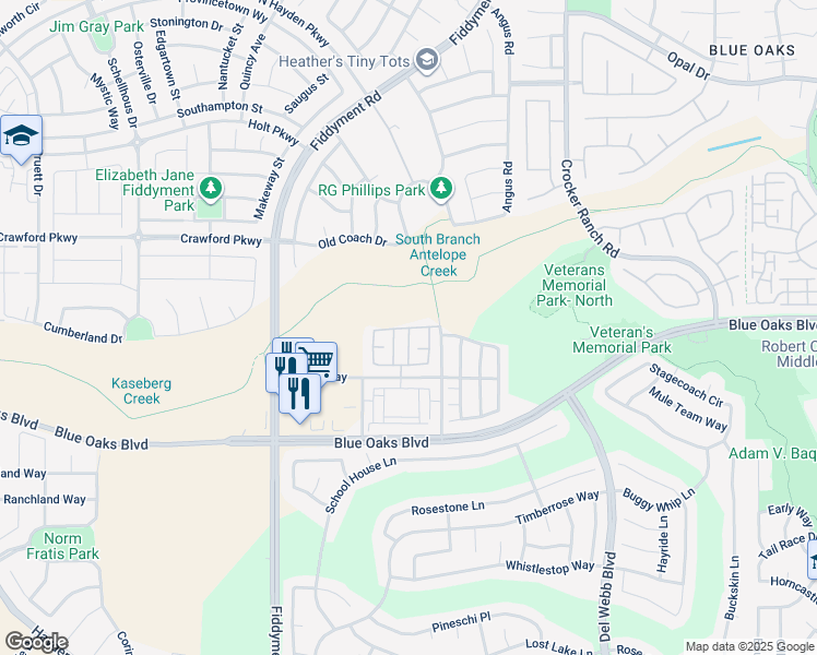 map of restaurants, bars, coffee shops, grocery stores, and more near Oakbriar Circle in Roseville