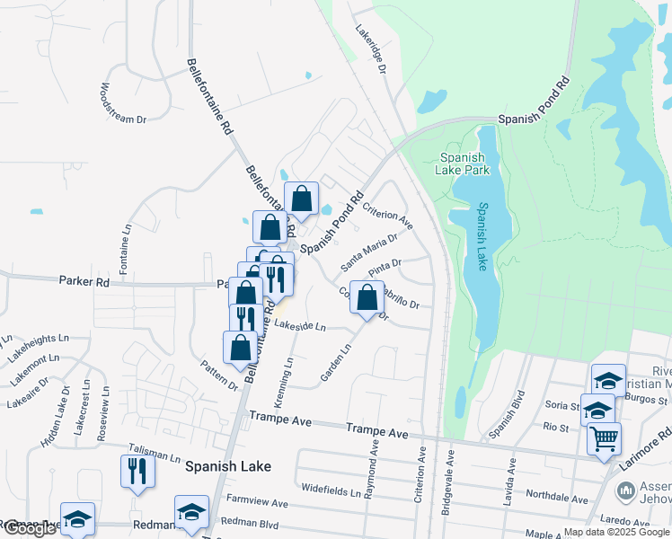 map of restaurants, bars, coffee shops, grocery stores, and more near 12311 Santa Maria Drive in St. Louis