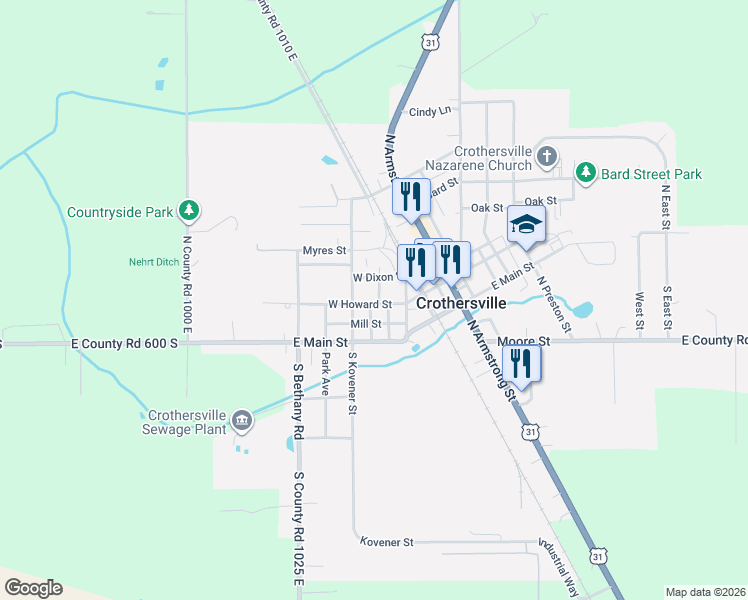 map of restaurants, bars, coffee shops, grocery stores, and more near 308 Mill Street in Crothersville