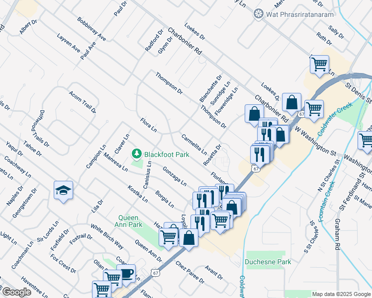 map of restaurants, bars, coffee shops, grocery stores, and more near 810 Florland Drive in Florissant