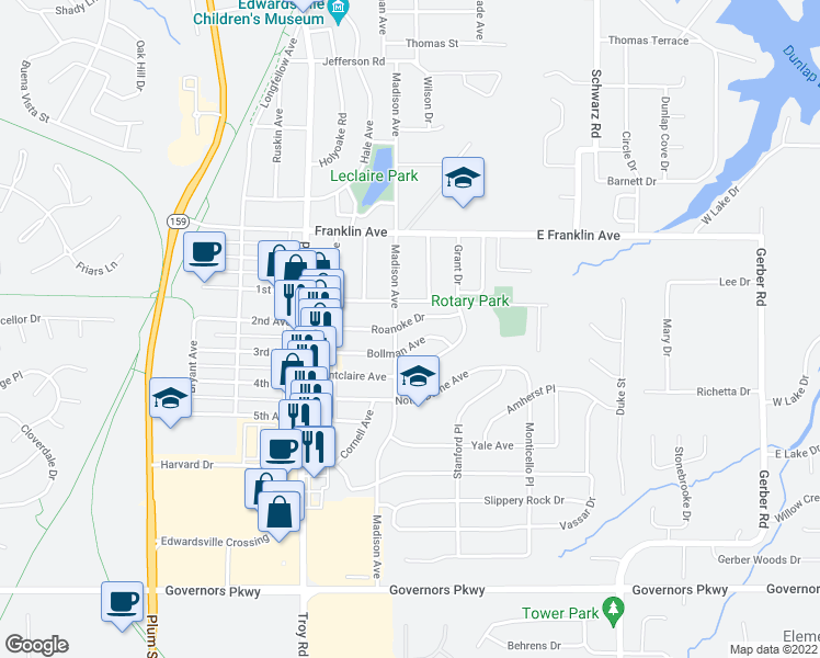 map of restaurants, bars, coffee shops, grocery stores, and more near 610 Roanoke Drive in Edwardsville