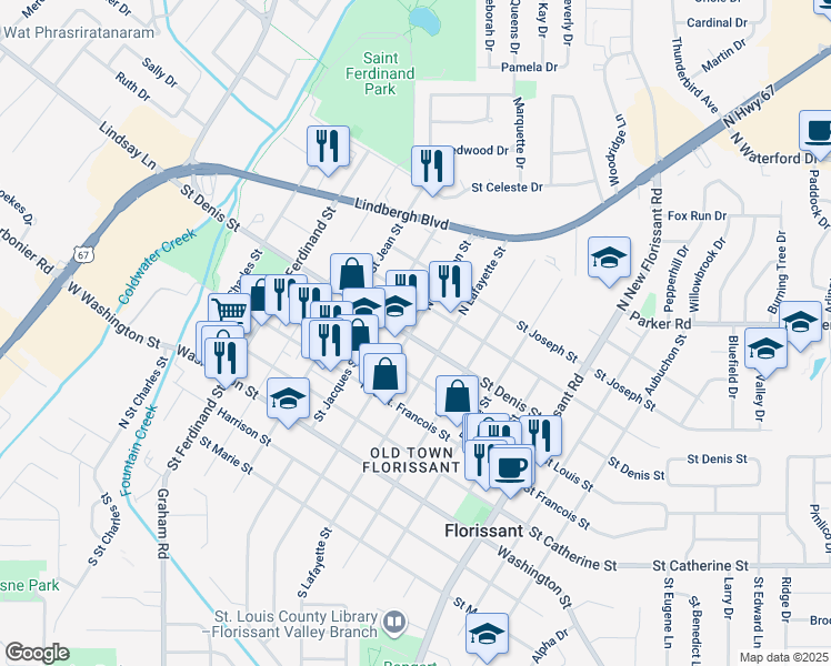 map of restaurants, bars, coffee shops, grocery stores, and more near 603 Saint Denis Street in Florissant