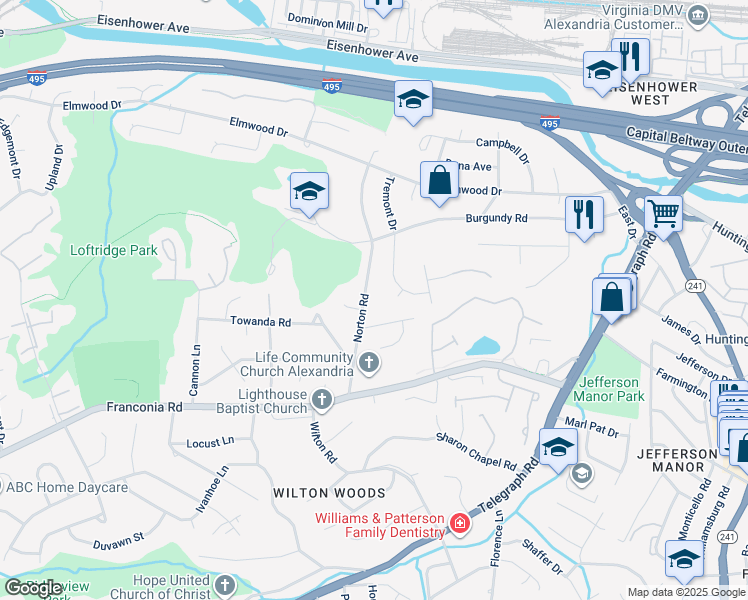 map of restaurants, bars, coffee shops, grocery stores, and more near 5715 Norton Road in Alexandria