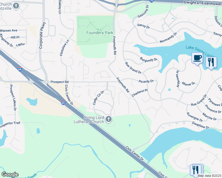 map of restaurants, bars, coffee shops, grocery stores, and more near 10 Cedar Run Lane in Lake Saint Louis