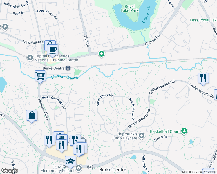map of restaurants, bars, coffee shops, grocery stores, and more near 5705 Wood Mouse Court in Burke