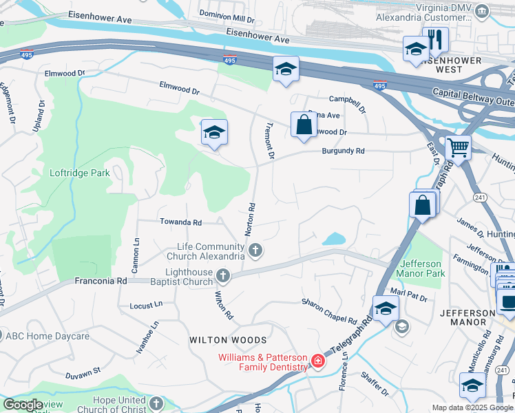 map of restaurants, bars, coffee shops, grocery stores, and more near 5715 Norton Road in Alexandria