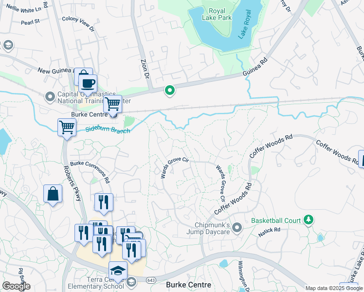 map of restaurants, bars, coffee shops, grocery stores, and more near 5705 Wood Mouse Court in Burke