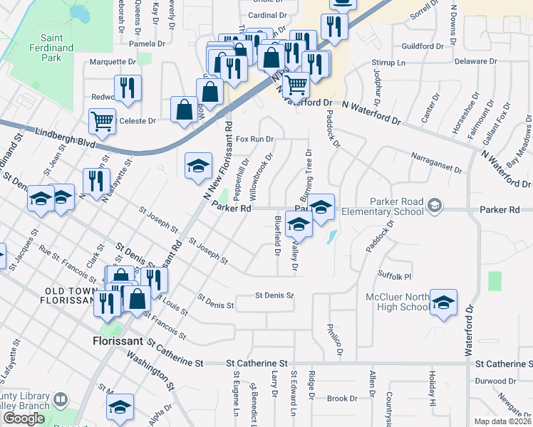 map of restaurants, bars, coffee shops, grocery stores, and more near in St. Louis County