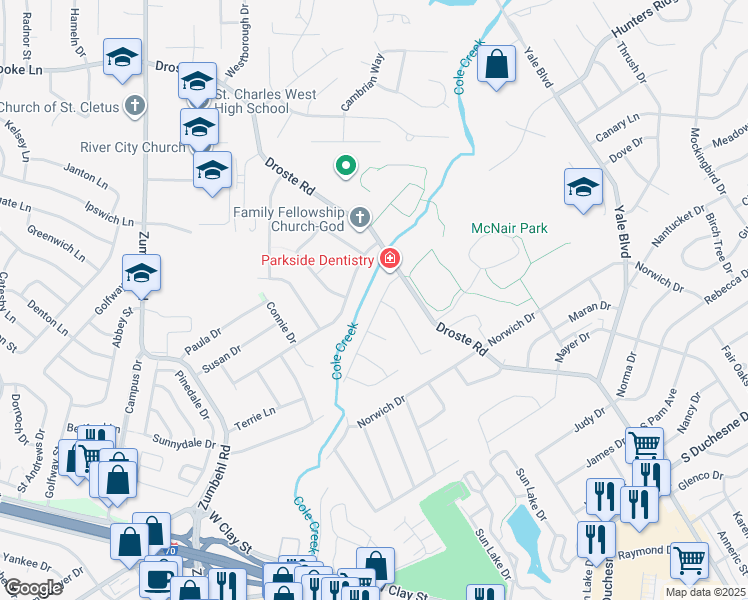 map of restaurants, bars, coffee shops, grocery stores, and more near 9 Buckingham Place in Saint Charles