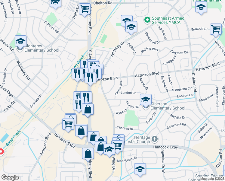 map of restaurants, bars, coffee shops, grocery stores, and more near 3980 Morley Drive in Colorado Springs