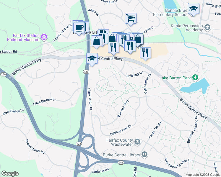 map of restaurants, bars, coffee shops, grocery stores, and more near 5826 Oak Ladder Court in Burke