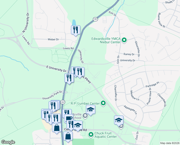 map of restaurants, bars, coffee shops, grocery stores, and more near 49 Devon Court in Edwardsville