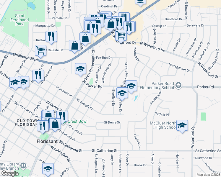 map of restaurants, bars, coffee shops, grocery stores, and more near in St. Louis County