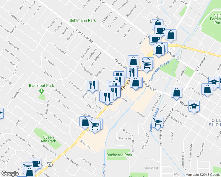 map of restaurants, bars, coffee shops, grocery stores, and more near 8457 North Lindbergh Boulevard in Florissant