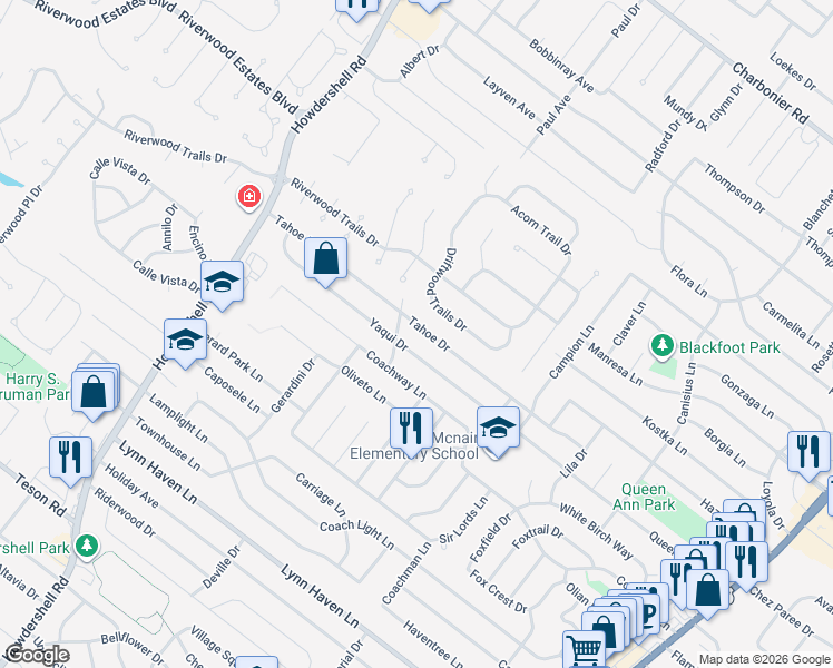 map of restaurants, bars, coffee shops, grocery stores, and more near 1545 Yaqui Drive in Florissant